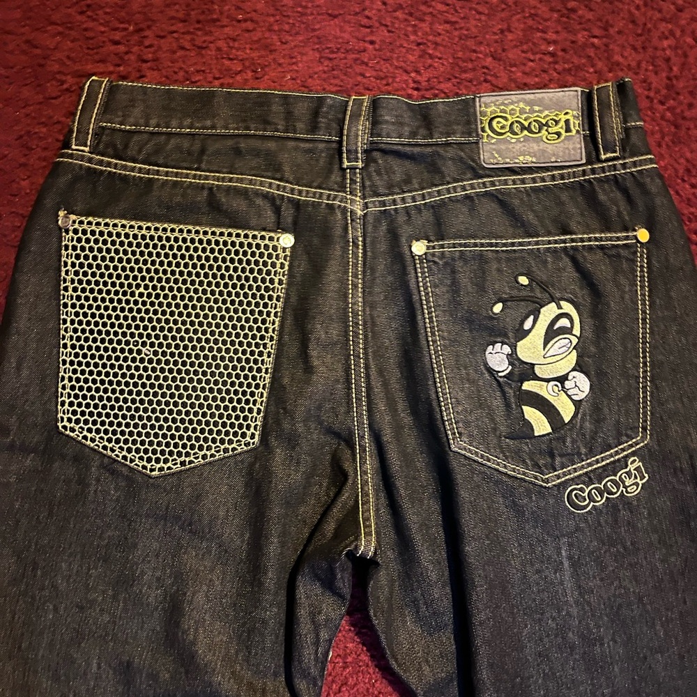 Rare Coogi Dark Jeans with Graphic Bumble Bee Pockets